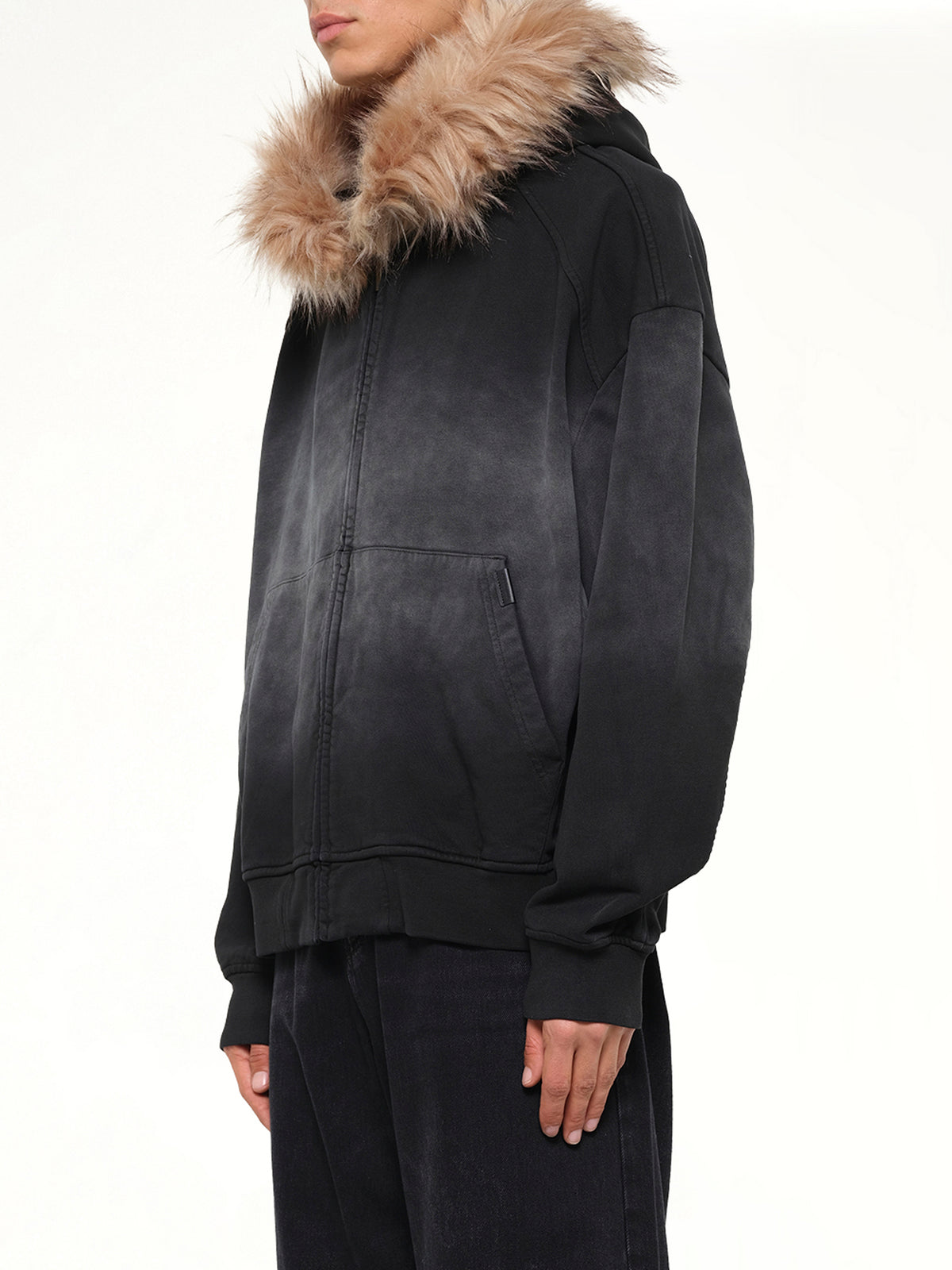 Washed Faux Fur-Trim Zip-up Hoodie in Grey