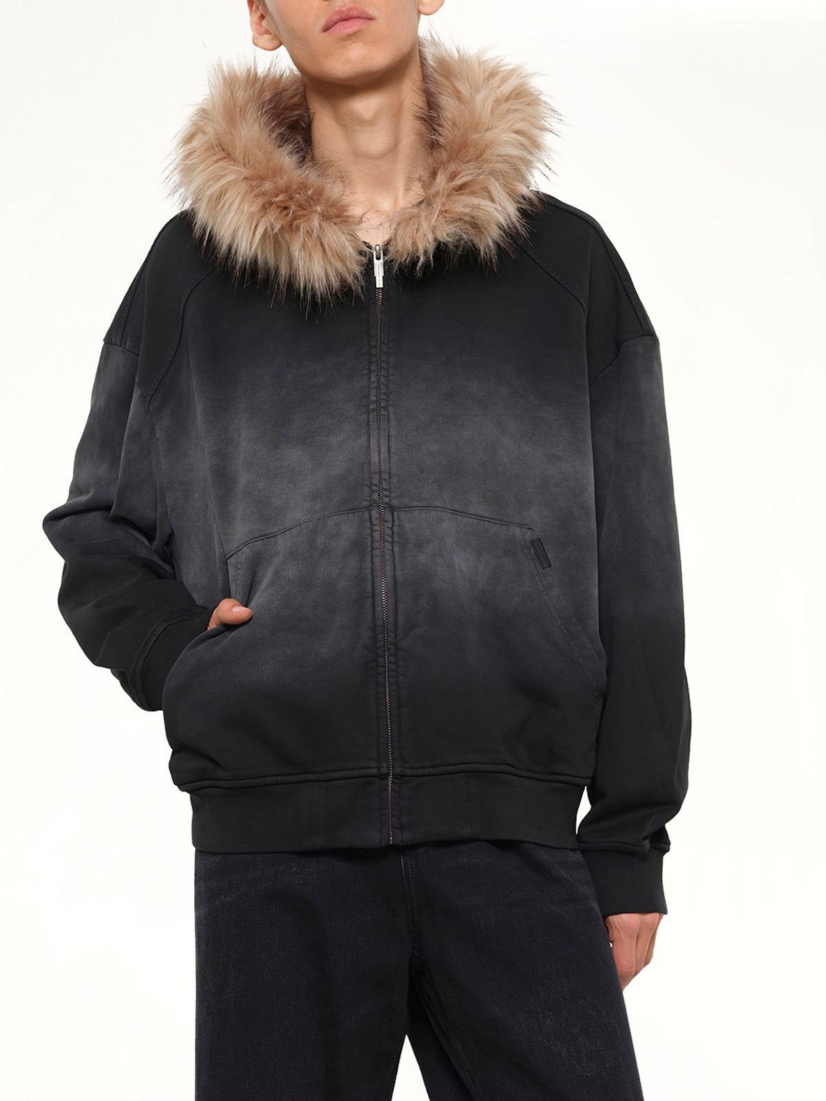 Washed Faux Fur-Trim Zip-up Hoodie in Grey