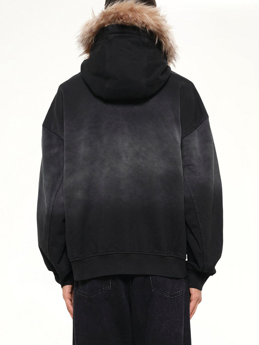 Washed Faux Fur-Trim Zip-up Hoodie in Grey