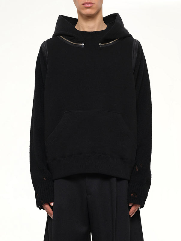 Wool Deconstructed Hoodie in Black