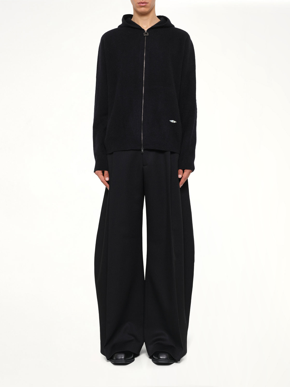 Wool Zipped Hoodie in Black