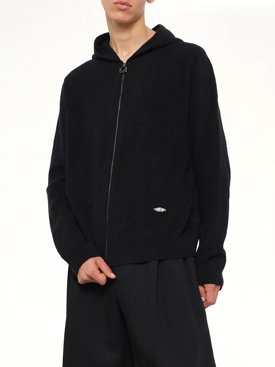 Wool Zipped Hoodie in Black