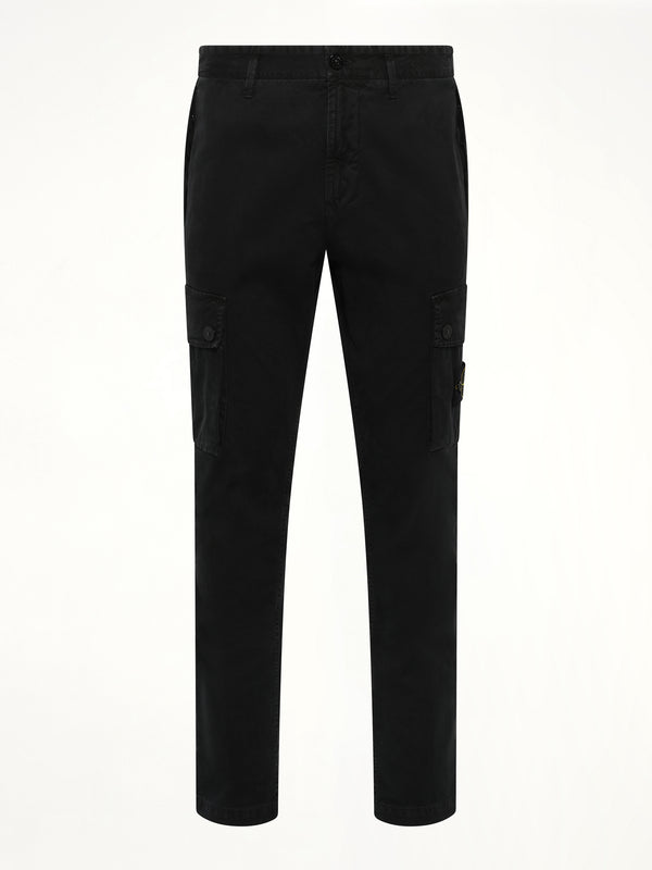 3100034 Stretch Organic Broken Twill Cotton 'Old' Effect Cargo Pants in Black