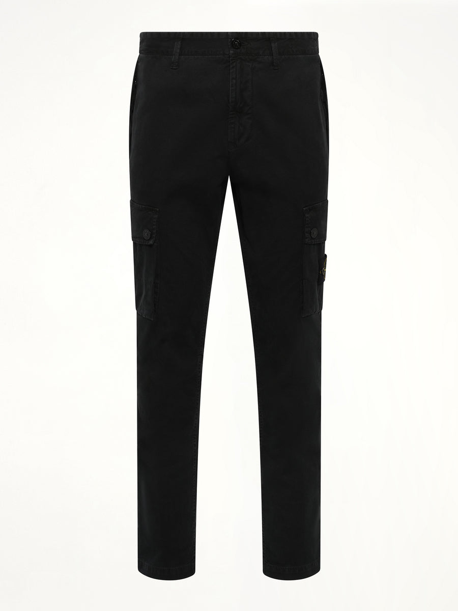 3100034 Stretch Organic Broken Twill Cotton 'Old' Effect Cargo Pants in Black