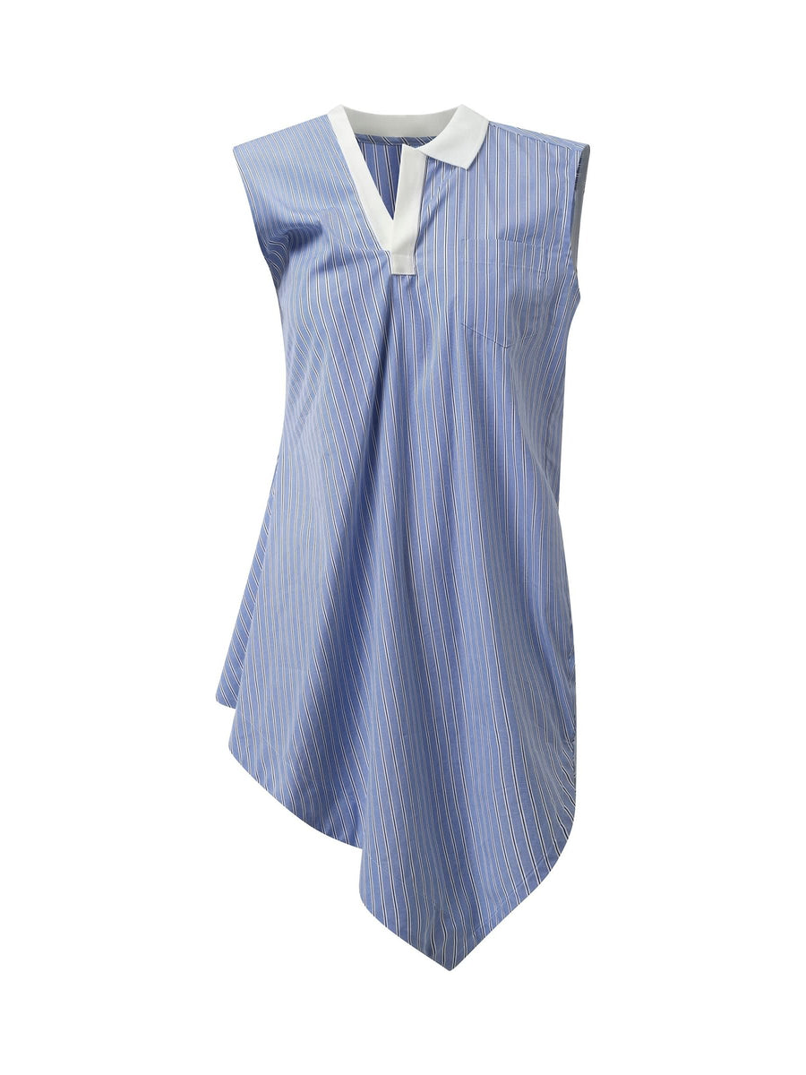 Cotton Poplin Polo Shirt in Light Blue Stripe