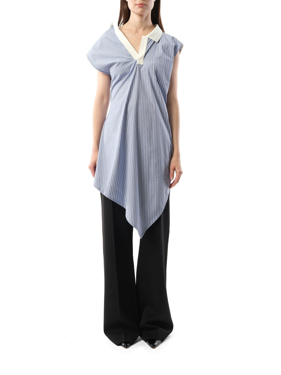 Cotton Poplin Polo Shirt in Light Blue Stripe