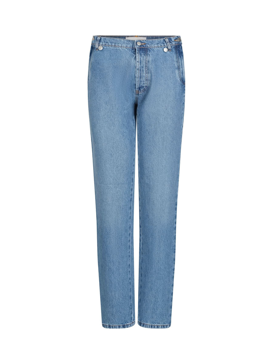 Open Hip Denim Trousers in Washed Blue