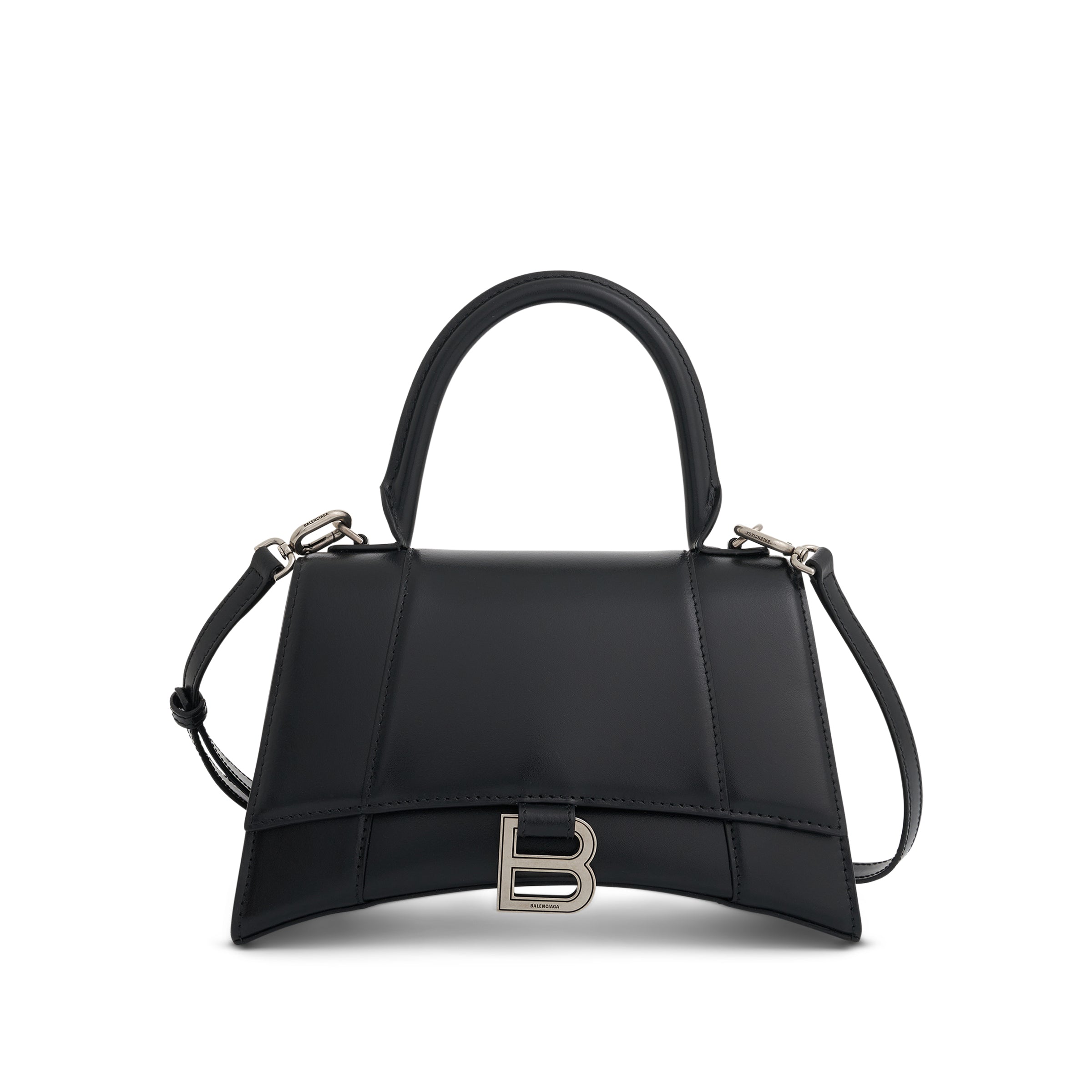 BALENCIAGA Hourglass Small Handbag in Box Calfskin in Black with Silver  Plaque – MARAIS