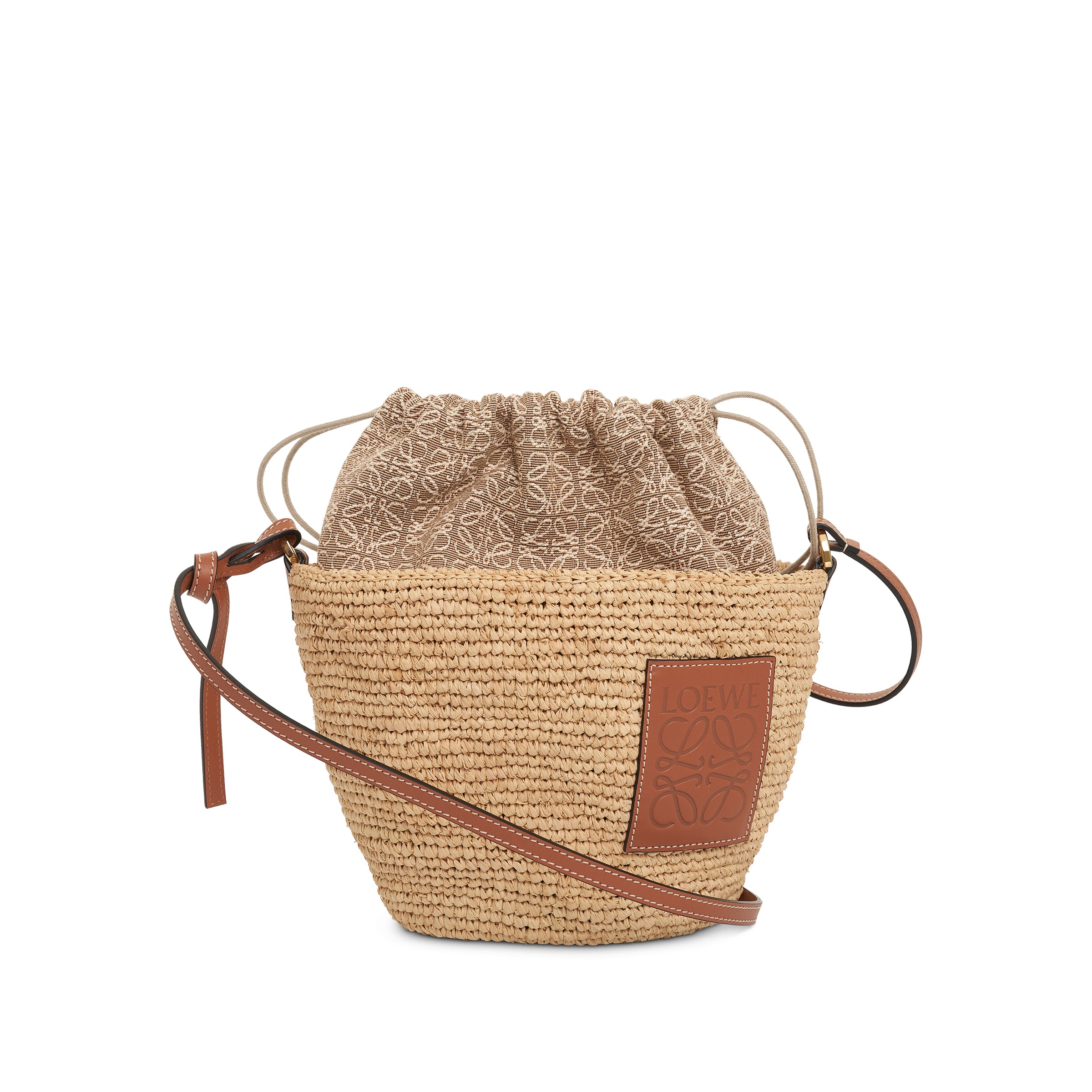 Pochette bag in raffia, Anagram jacquard and calfskin Natural/Tan - LOEWE