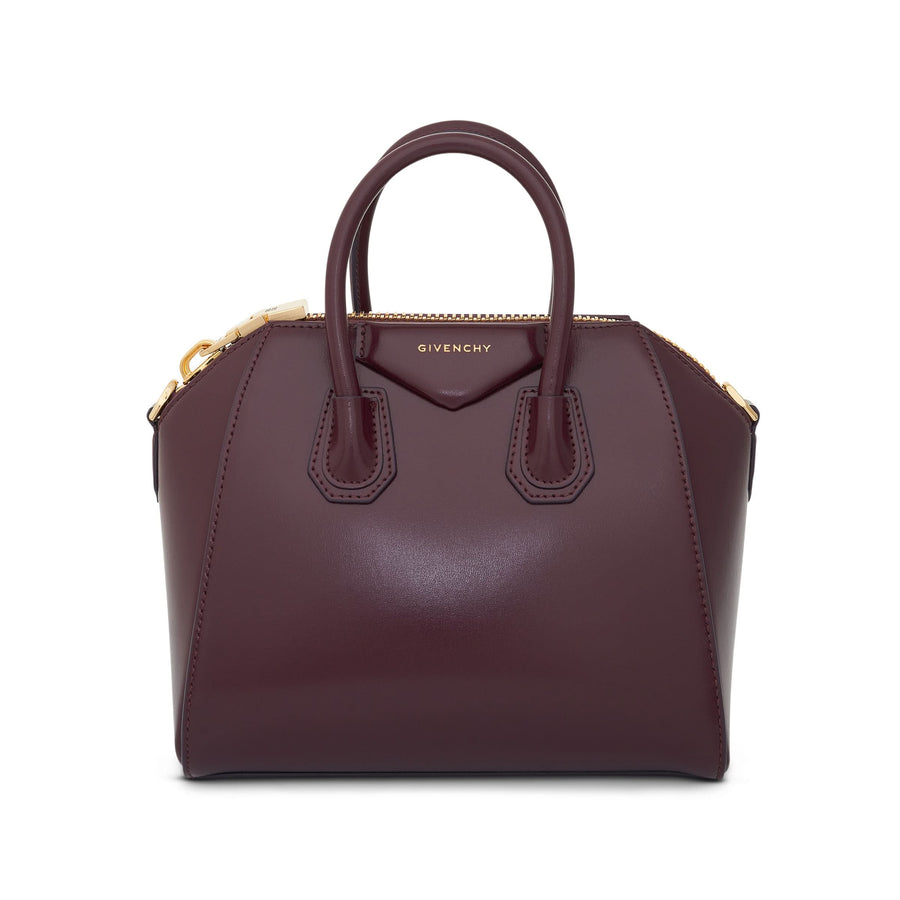 Mini Antigona Bag in Box Leather with GHW in Oxblood Red