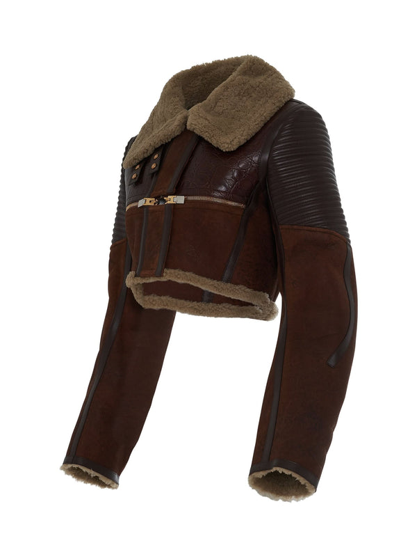 Shearling Biker Jacket in Beige/Brown