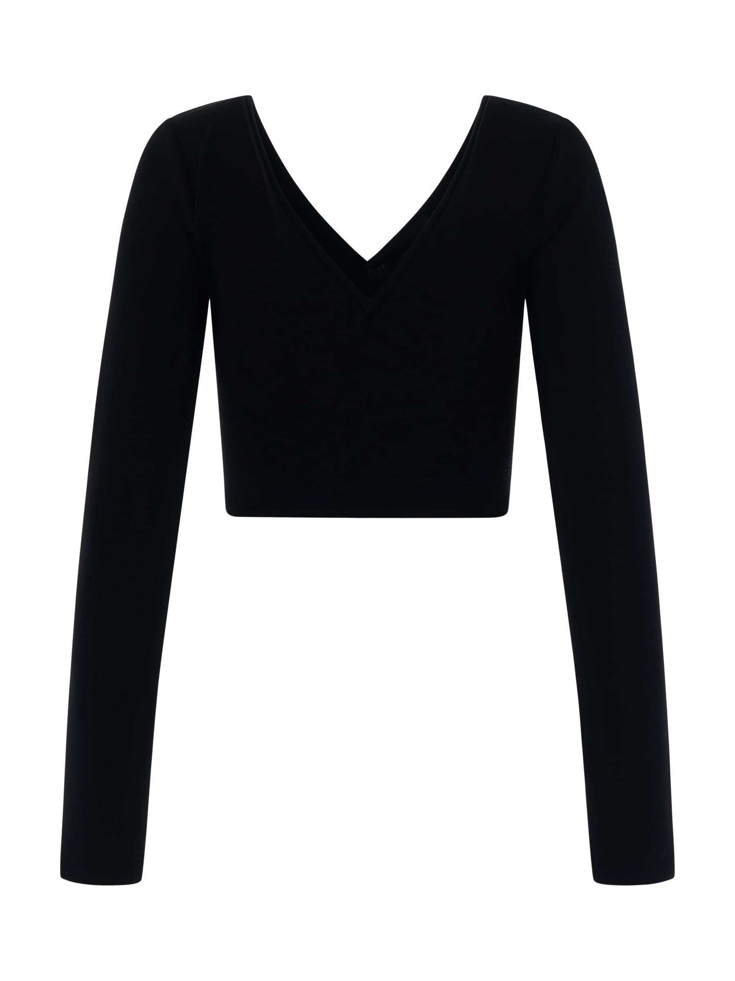 Long Sleeves Cropped V Neck Top in Black