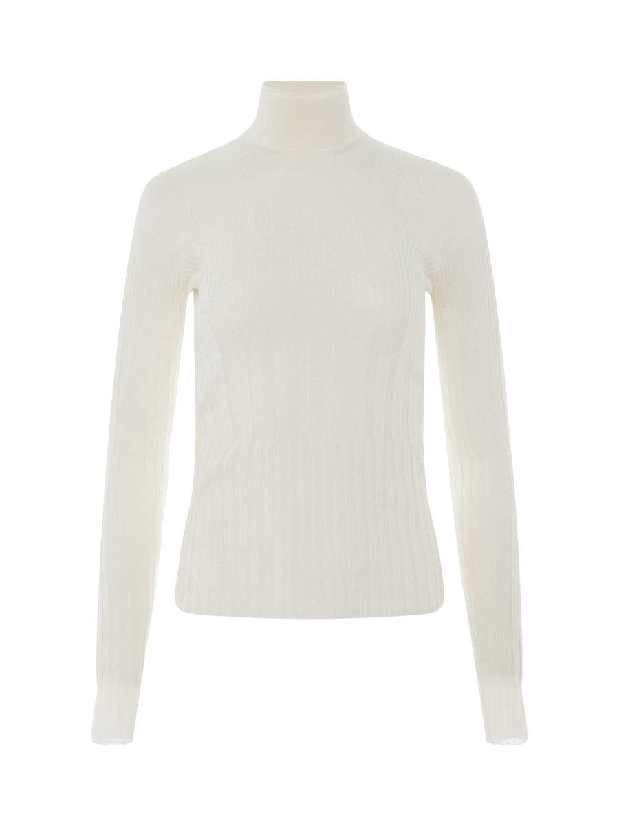 Long Sleeve Cyclist Neck Ribbed Sweater in Ivory