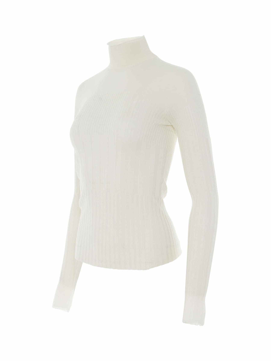 Long Sleeve Cyclist Neck Ribbed Sweater in Ivory