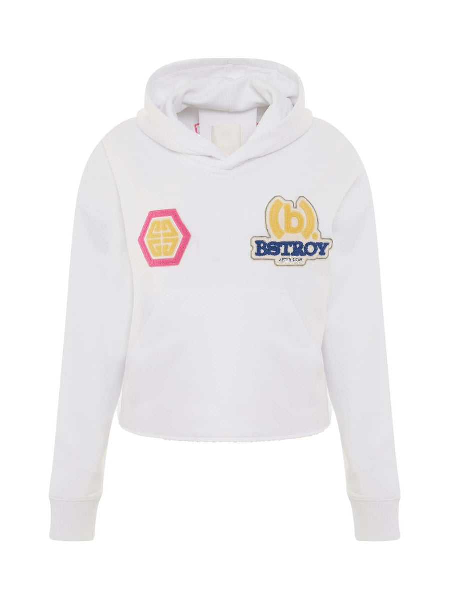 BSTROY Embroidered Patch Cropped Hoodie in White