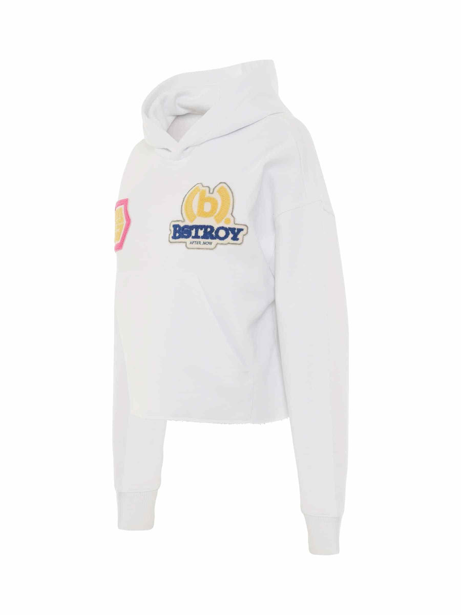 BSTROY Embroidered Patch Cropped Hoodie in White