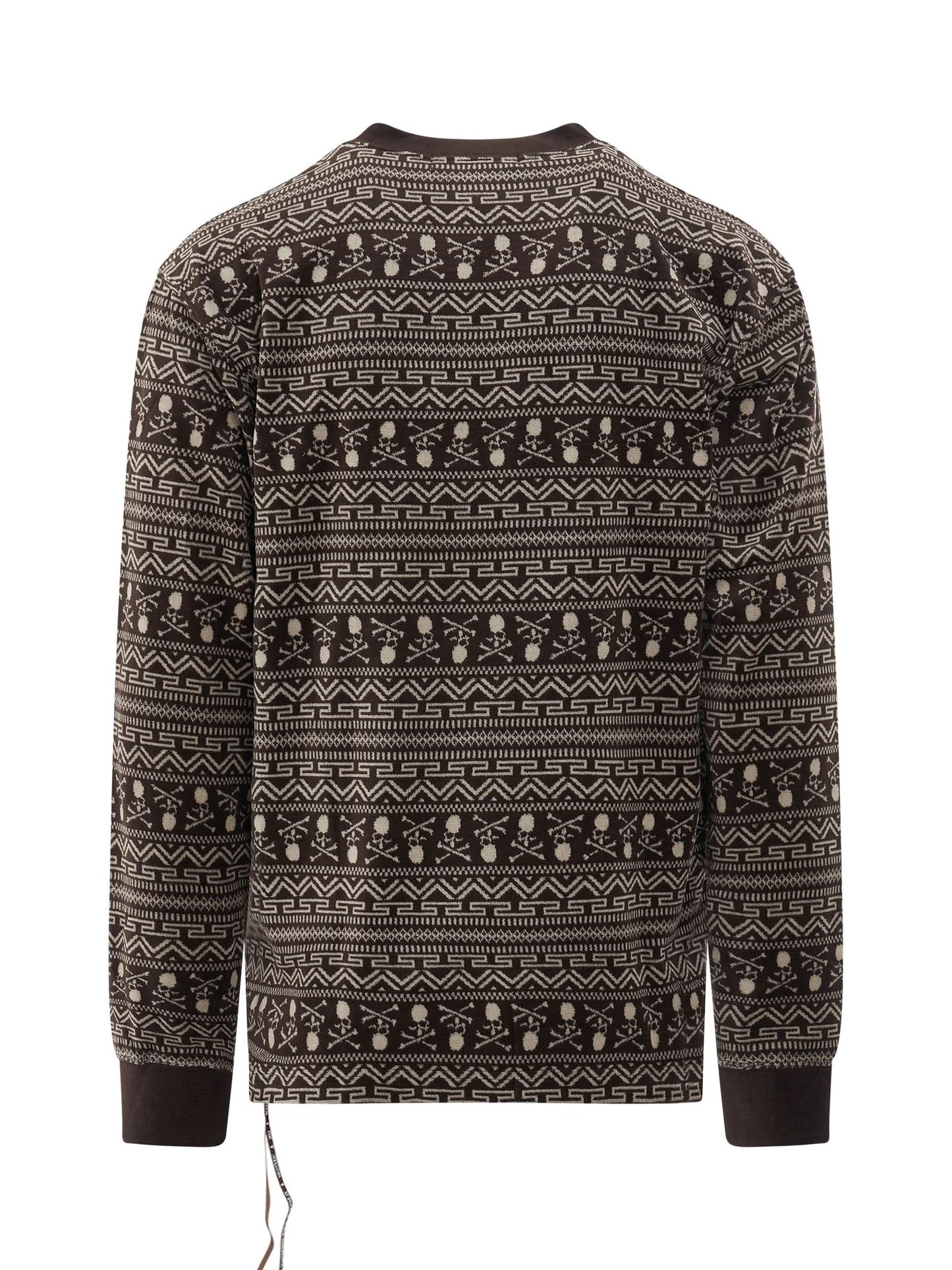 Allover Tribal Skull Velour Long Sleeve T-Shirt in Brown