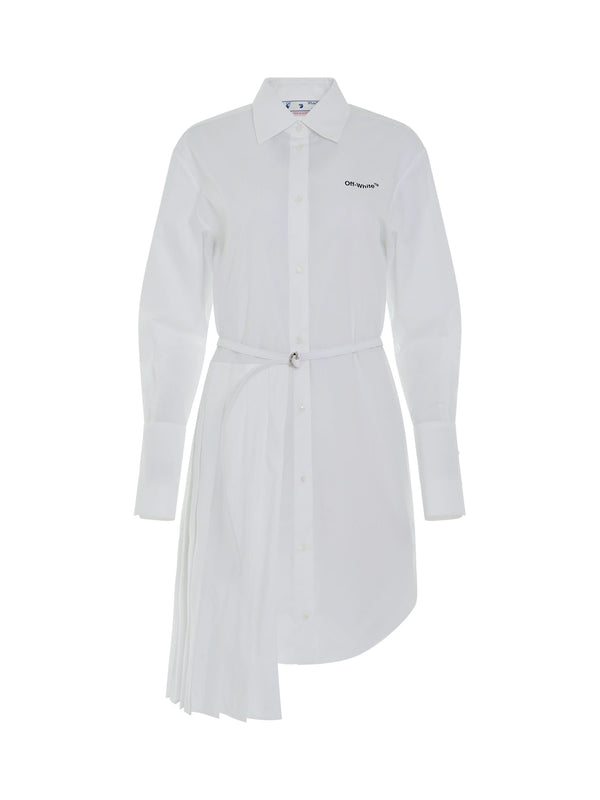 Diagonal Plisse Shirt Dress in White/Black