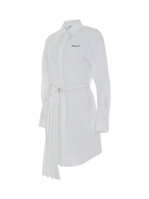 Diagonal Plisse Shirt Dress in White/Black