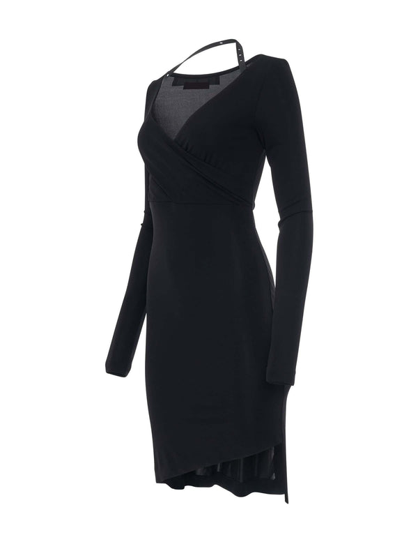 Fluid Jersey Twisted Long Sleeve Dress in Black