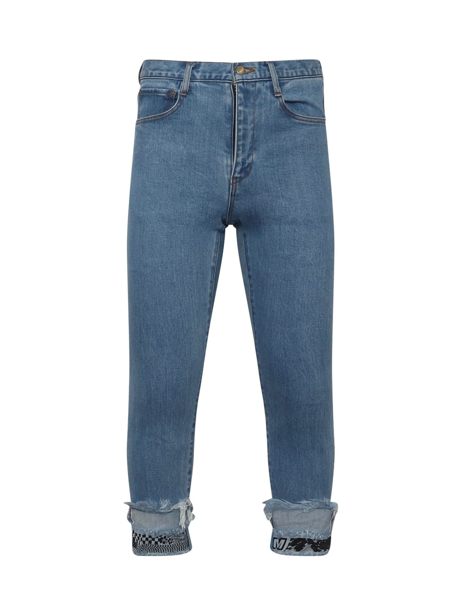 Cropped Print Denim Pants in Indigo