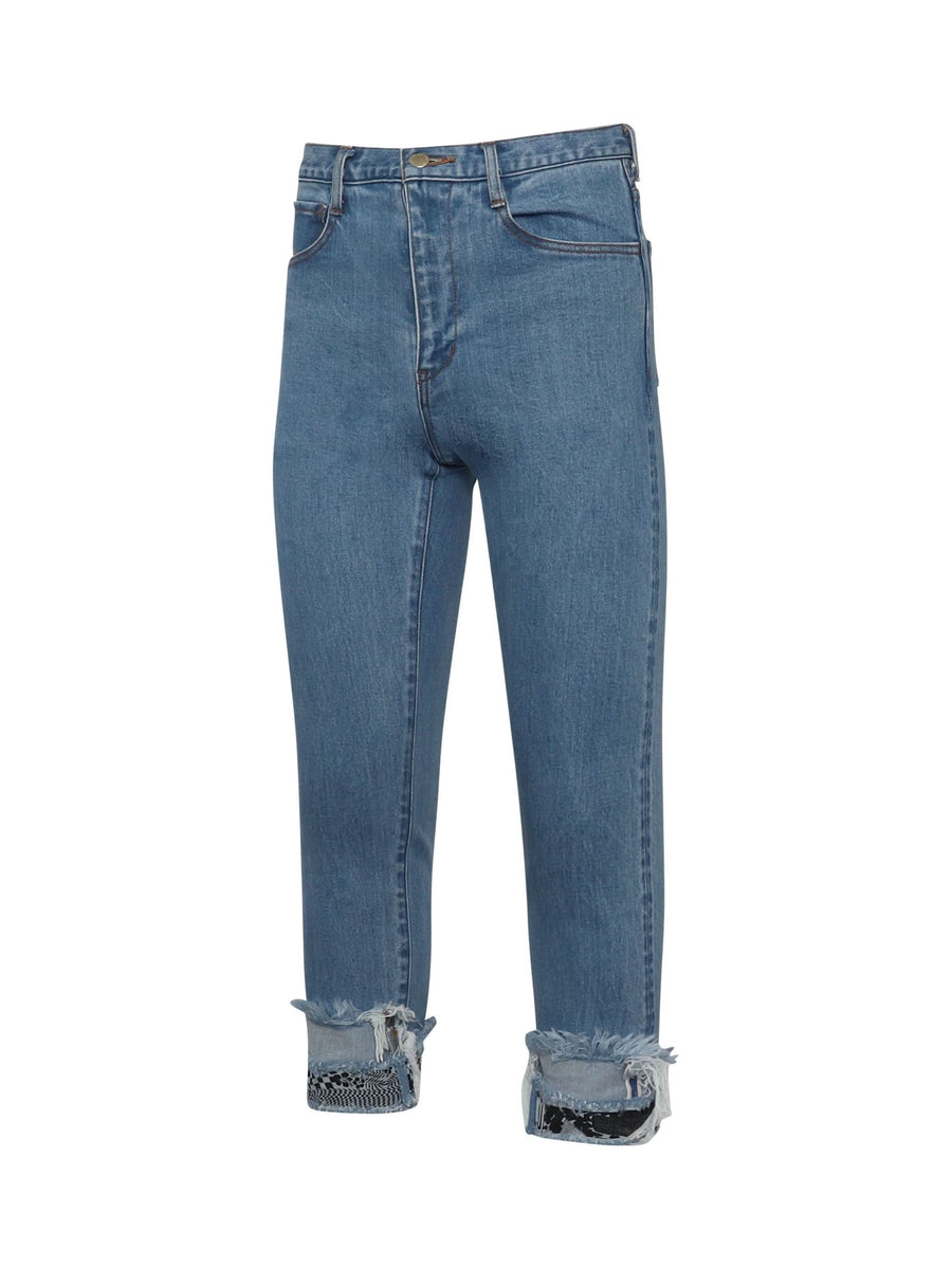 Cropped Print Denim Pants in Indigo