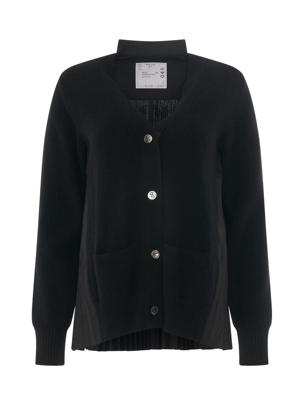 Classic Shirt Panel Wool Cardigan in Black