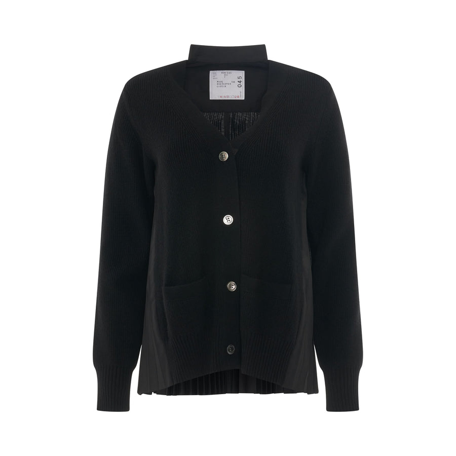 Classic Shirt Panel Wool Cardigan in Black