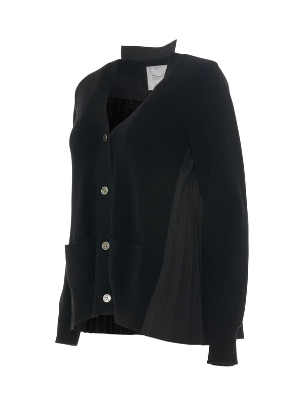 Classic Shirt Panel Wool Cardigan in Black