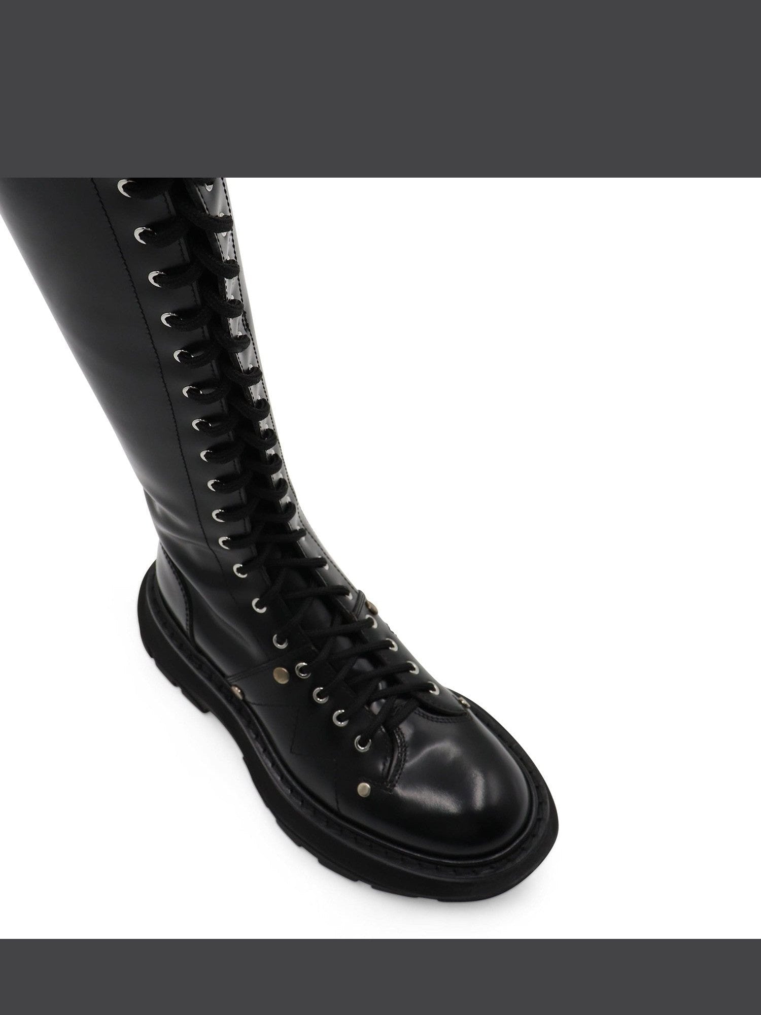 Tread Knee High Lace Up Boots in Black Top View | ALEXANDER MCQUEEN