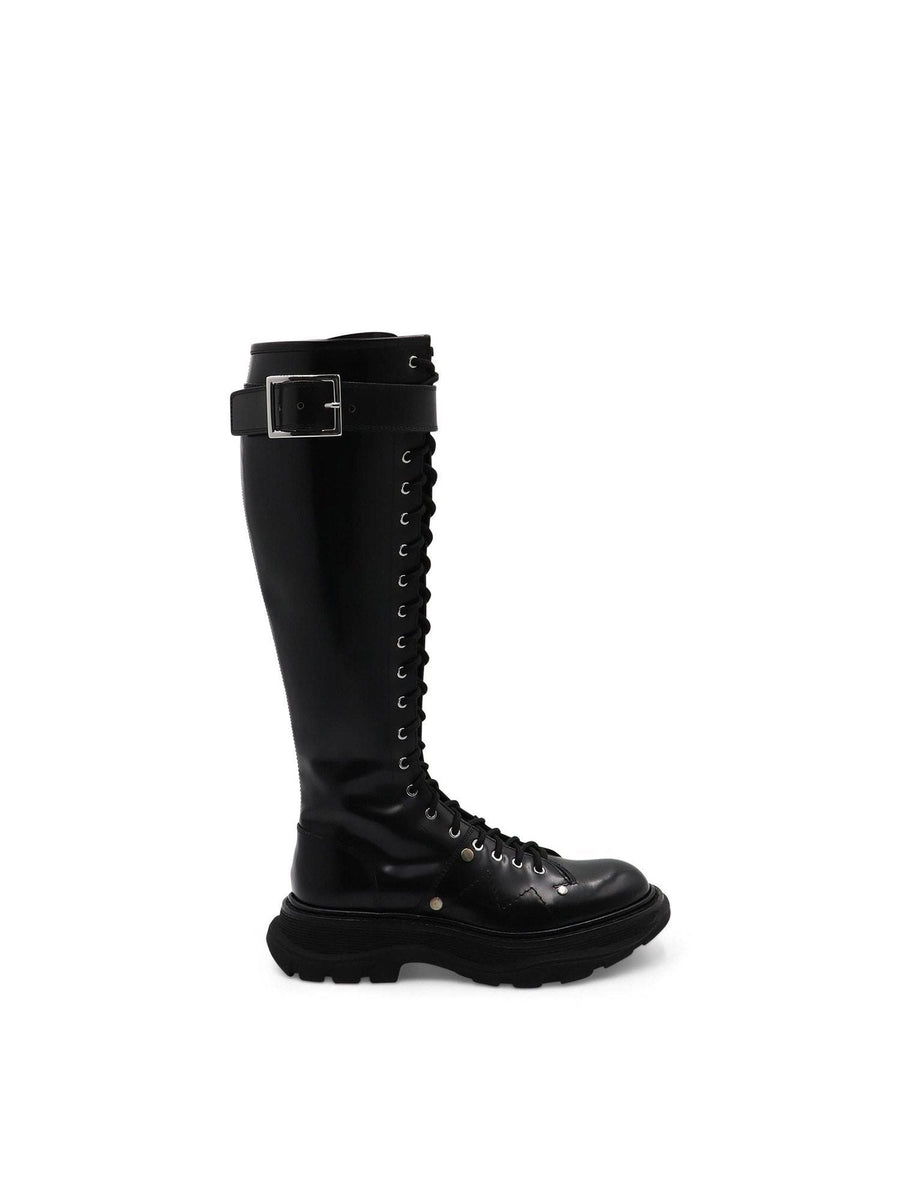 Tread Knee High Lace Up Boots in Black Side View | ALEXANDER MCQUEEN
