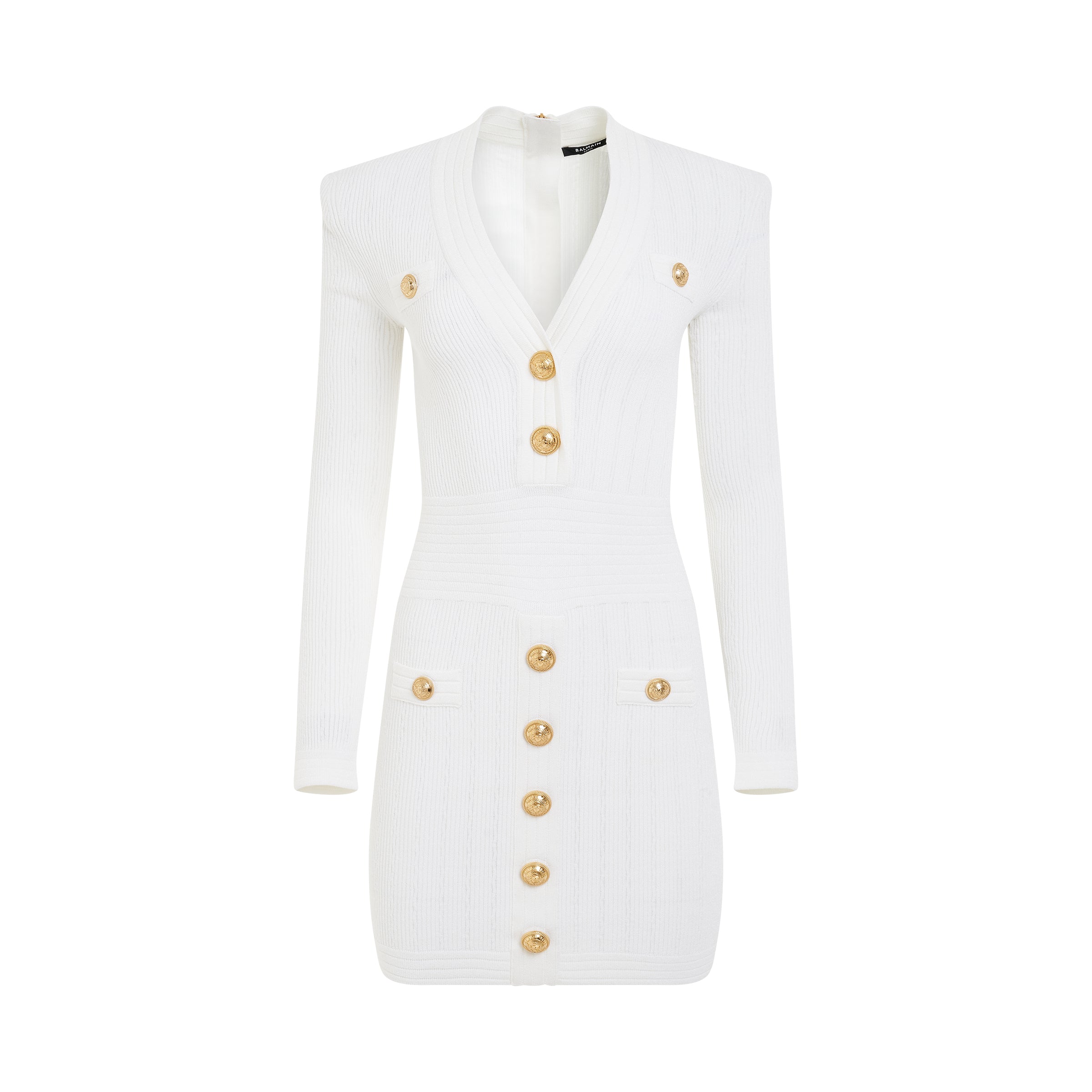 BALMAIN Short Sleeve V Neck Button Detail Knit Dress in White – MARAIS