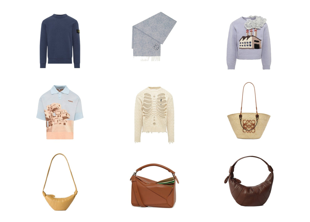 Designer knitwear and leather bags in blue, cream and caramel from Stone Island, Doublet, Loewe and Lemaire