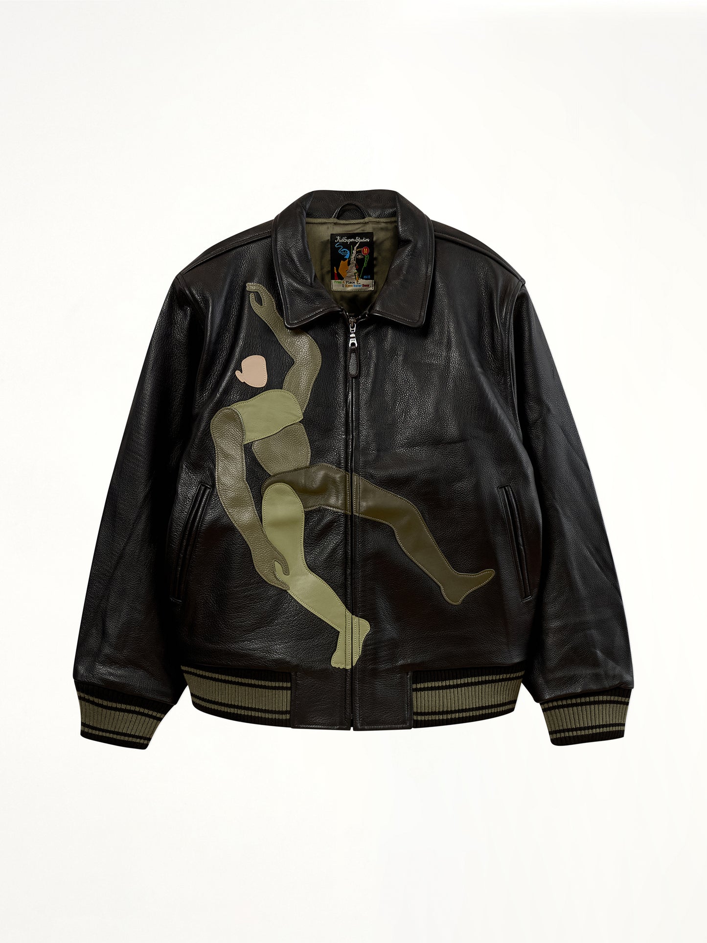 Falling Guy Soft Lether Varsity Jacket in Black