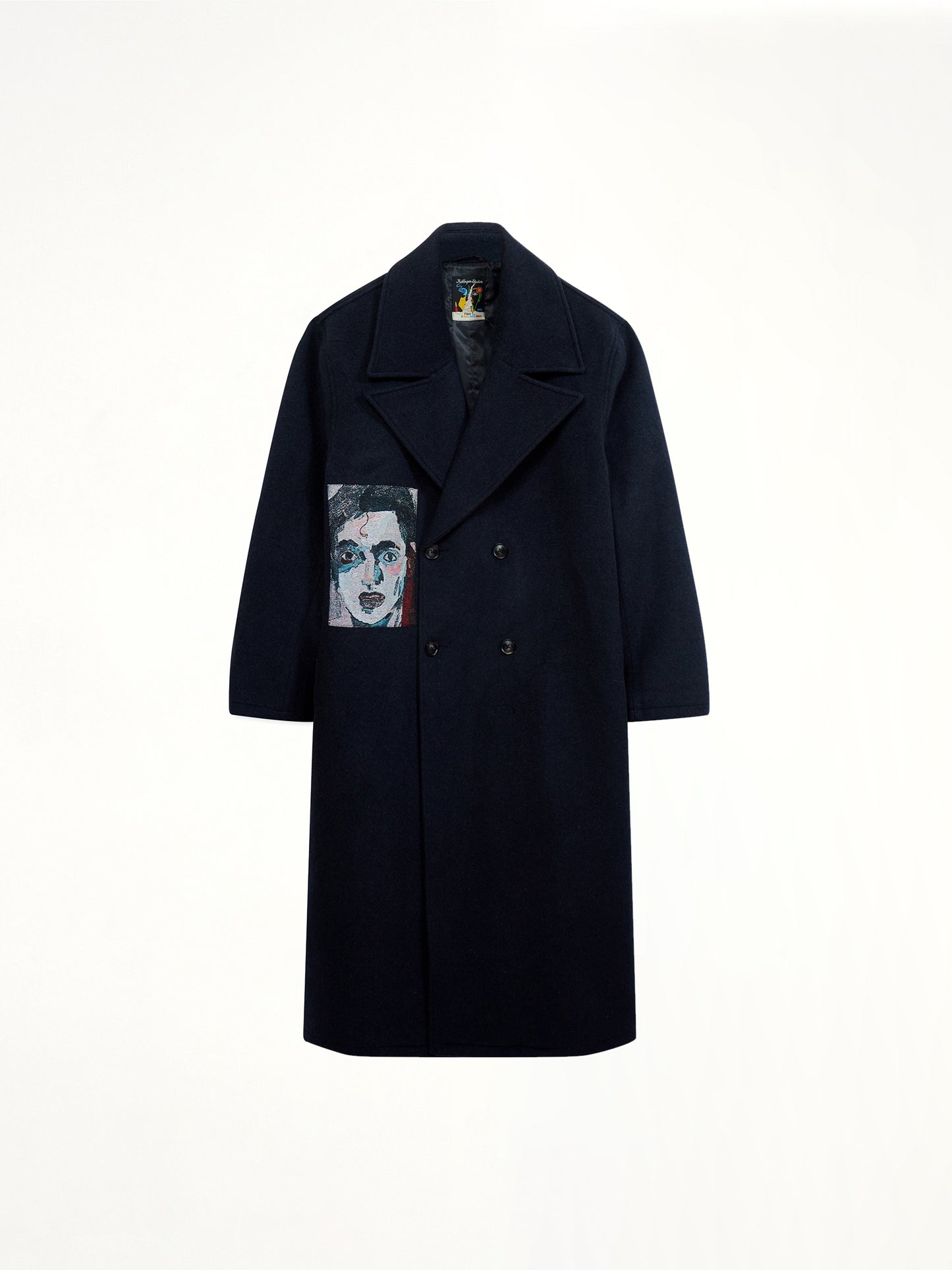 Jacquard Patches Wool Overcoat in Navy