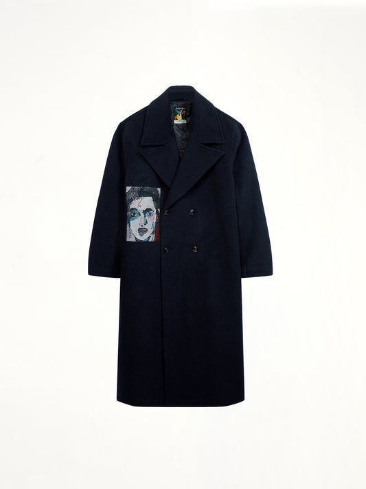 Jacquard Patches Wool Overcoat in Navy