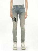 Staggered Logo Skinny Jeans in Antique Indigo/Black