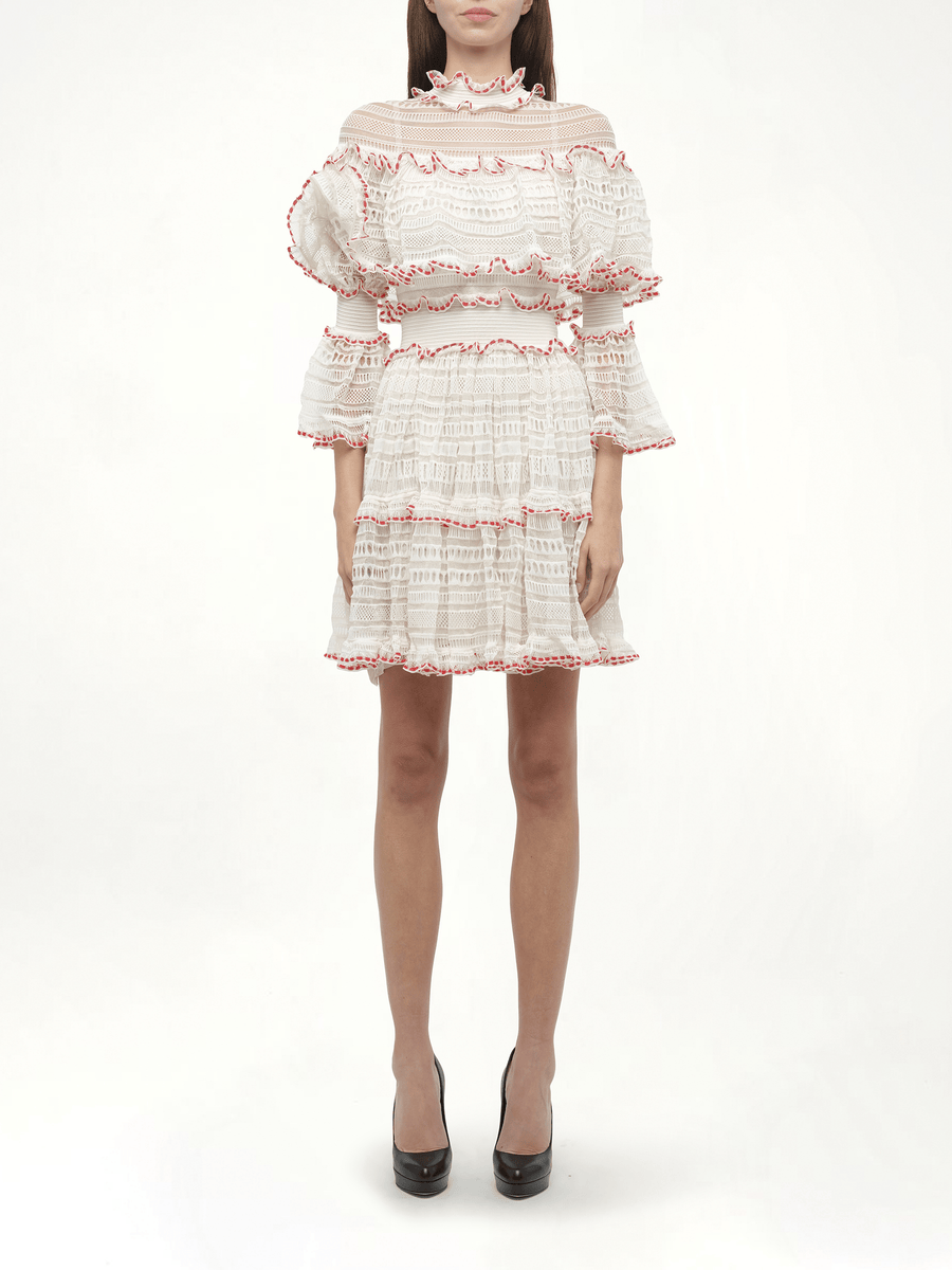 AMQ - Volume Lace Mini Dress in White/Pink