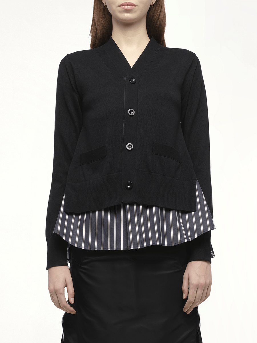 Poplin x Knit Cardigan in Black/Dark Navy Stripe
