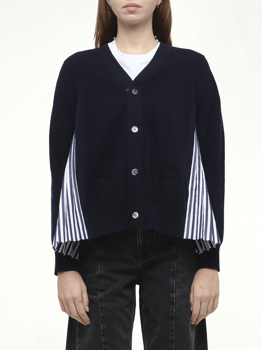 Wool Knit x Cotton Poplin Cardigan in Navy/NavyStripe