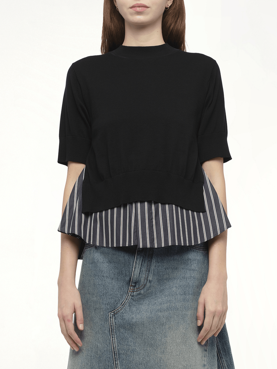 Poplin x Knit Pullover in Black/Dark Navy Stripe