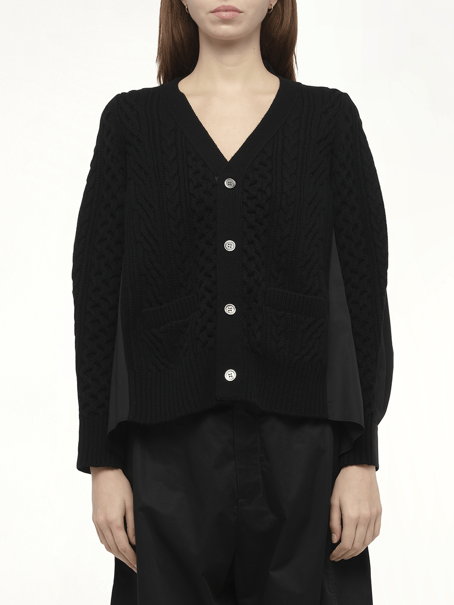 Wool Knit x Cotton Poplin Cardigan in Black/Black
