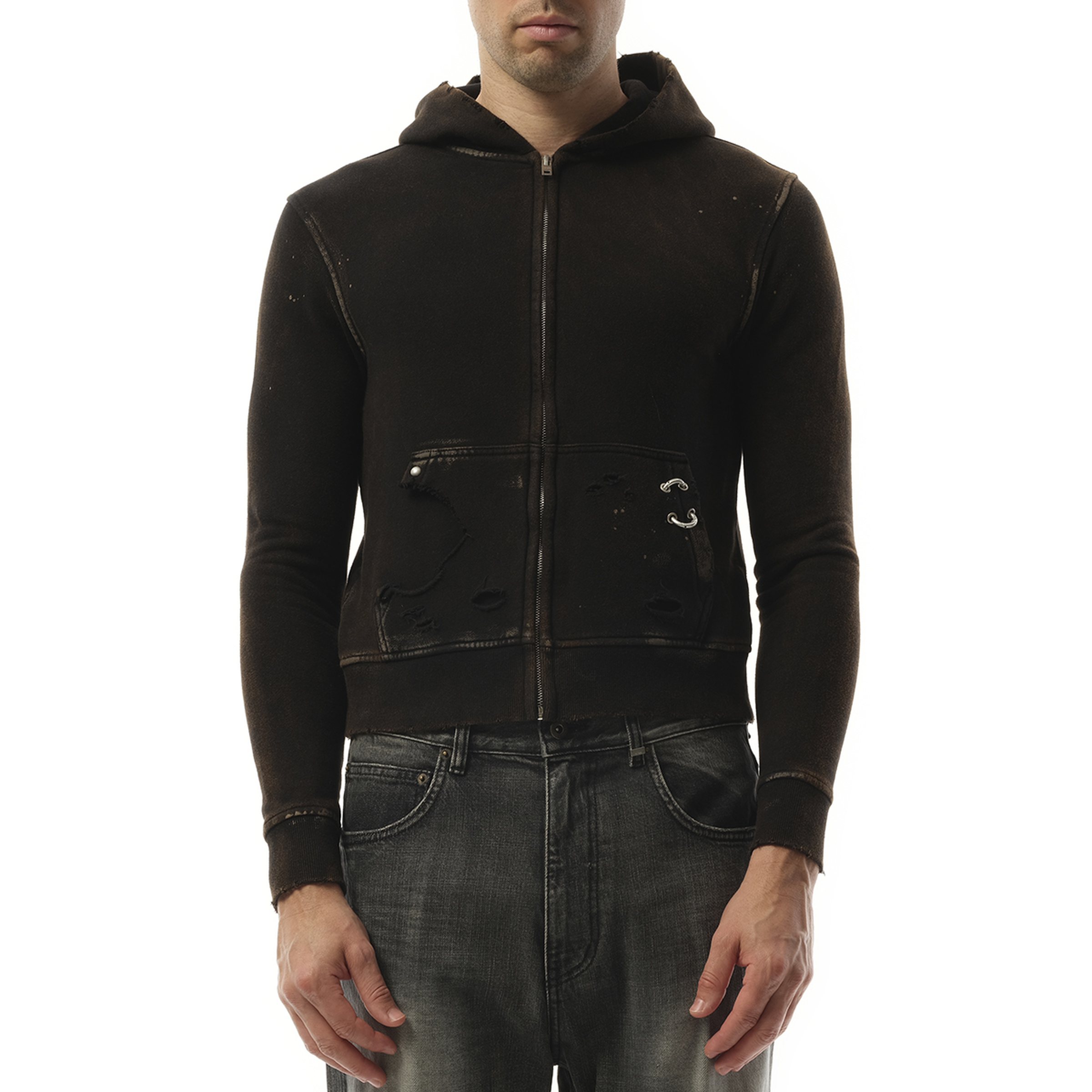 Piercing Detail Hoodie Zip-Up in Black