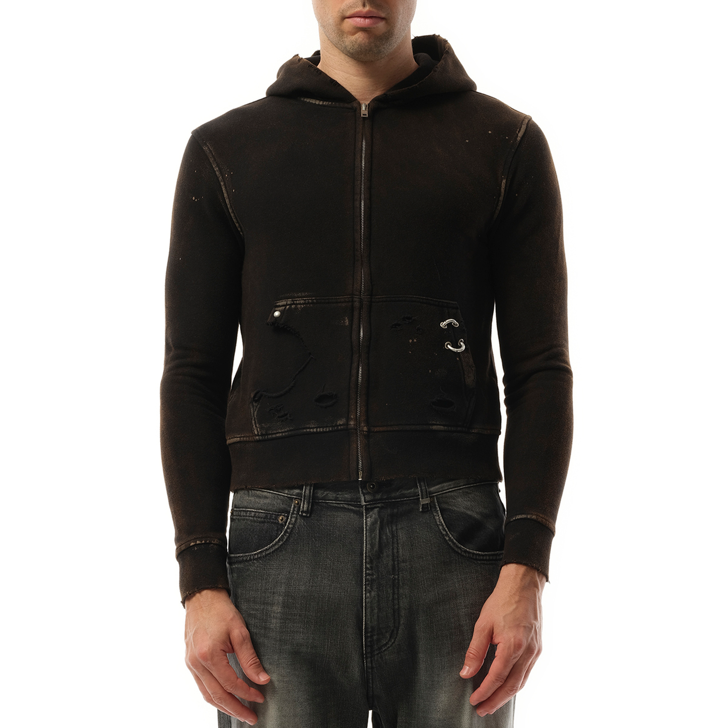 Piercing Detail Hoodie Zip-Up in Black