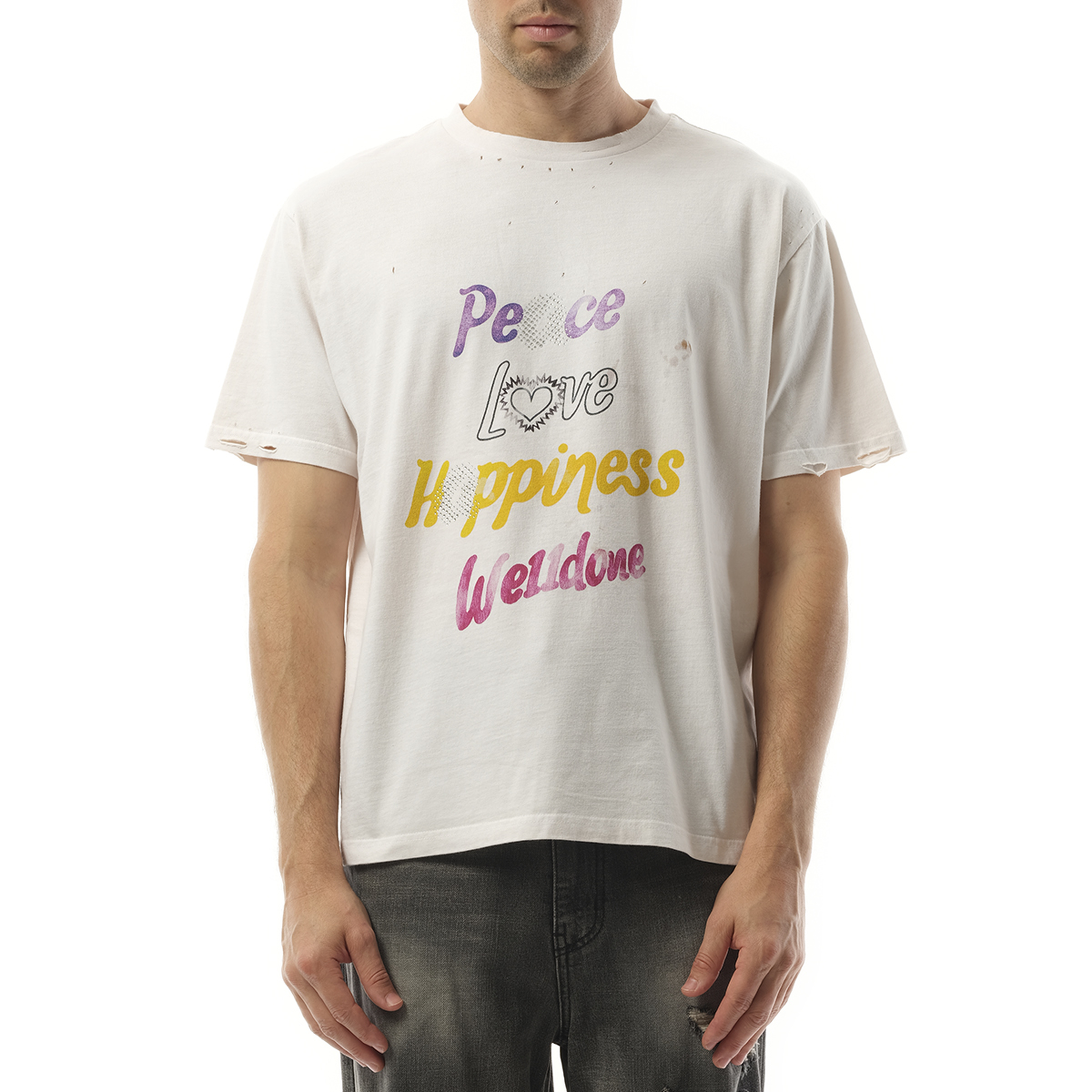 White Lettering Print Distressed T-Shirt in White