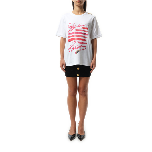 3 Btn Balmain Lipstick Print T-Shirt in White