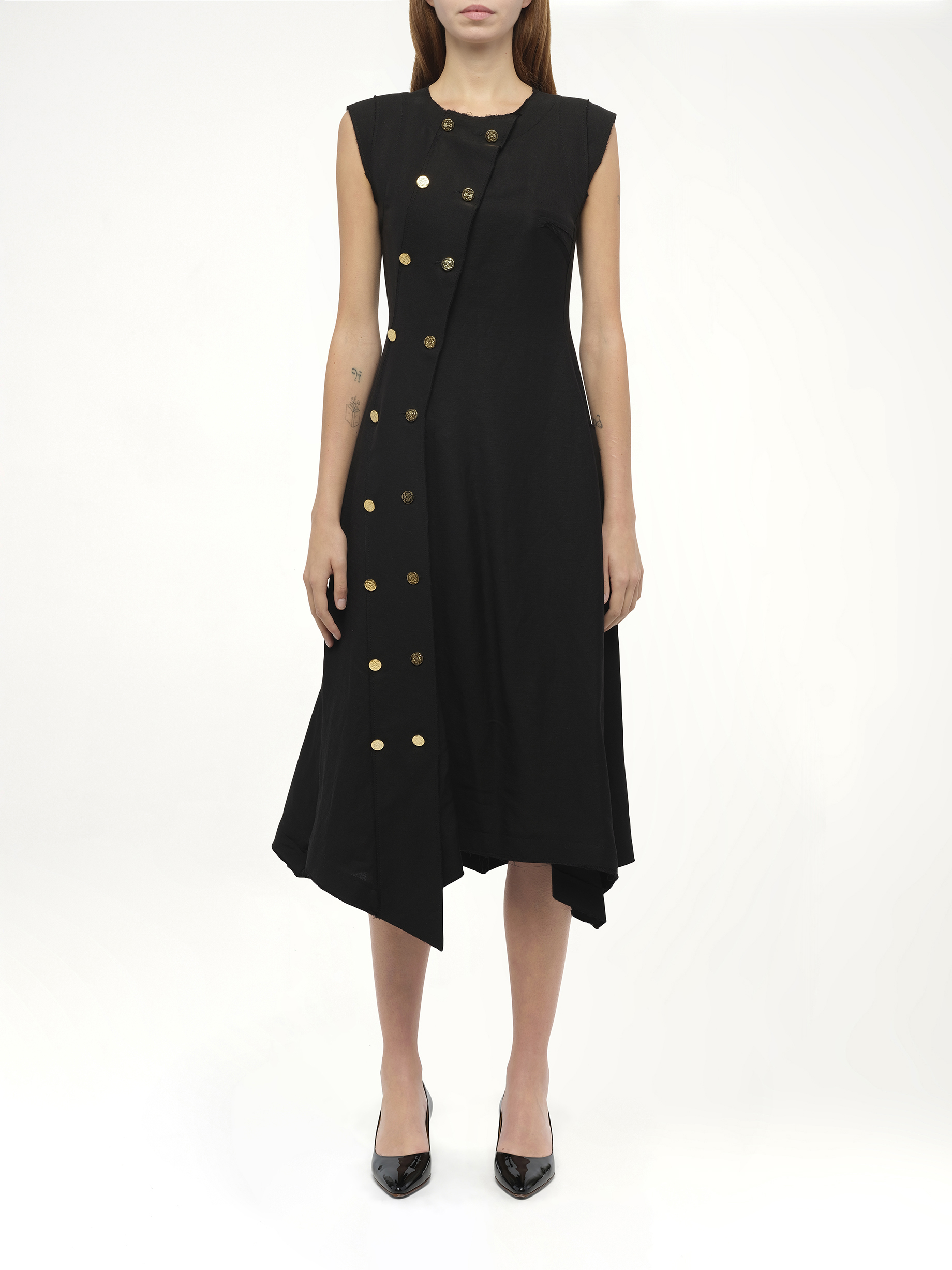 Gold Button Sleeveless Dress in Black