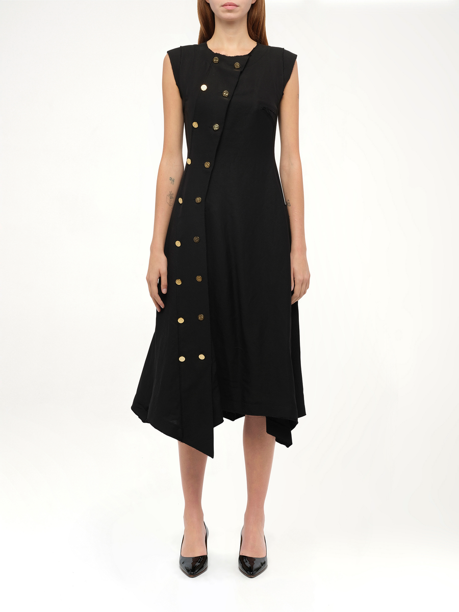 Gold Button Sleeveless Dress in Black
