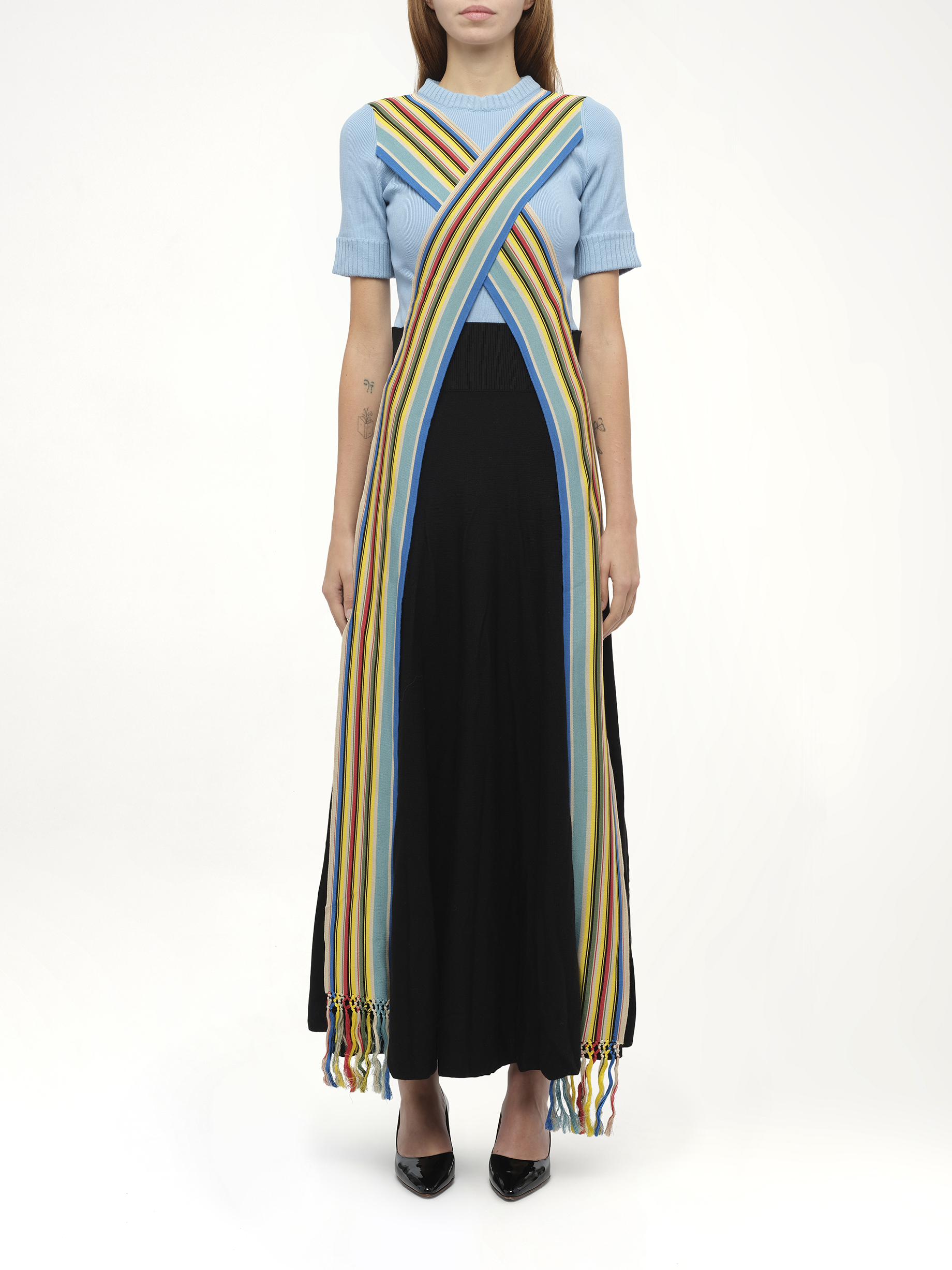 ブルーのストライプバンドドレス