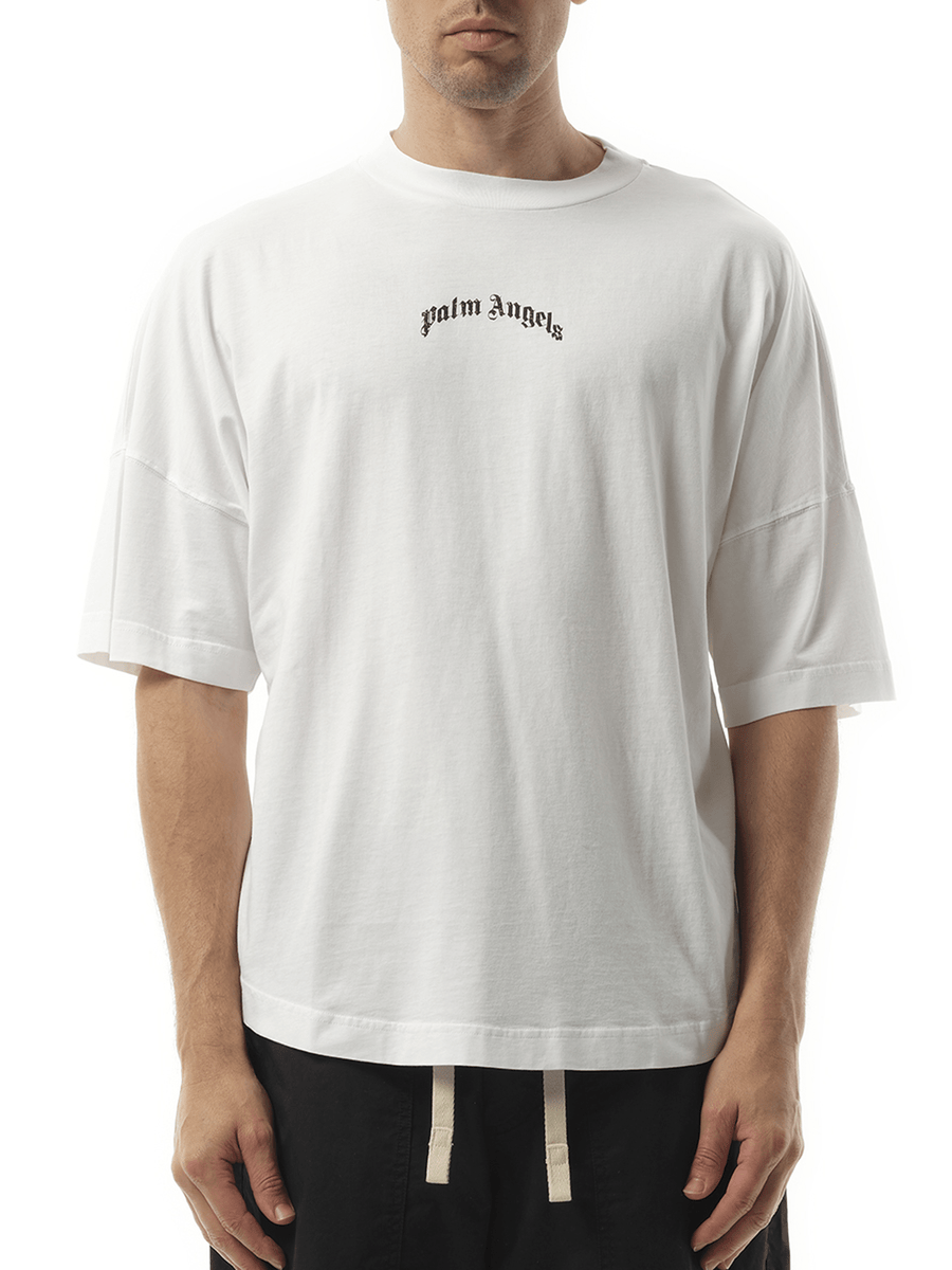 Palm Angels Back Curved Logo Over T-Shirt in Off White/Black
